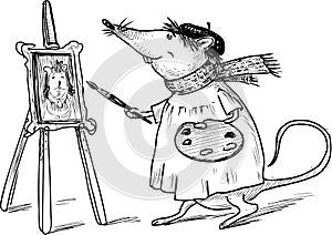Sketch of cartoon rat artist with palette and brush standing for easel and painting self portrait