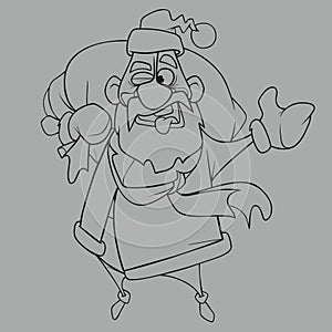 Sketch of cartoon santa claus with a bag on his shoulder