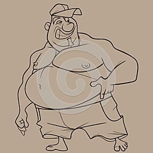 Sketch of cartoon smiling fat man in shorts and with a naked torso