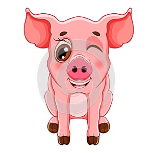 Sketch cartoon wink pig sitting, for children coloring book.