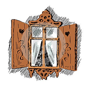 Sketch of carved wooden decorative lace decoration window. Old wooden house hand drawn illustration