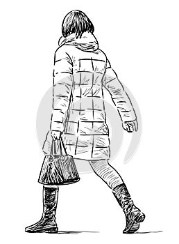 Sketch of casual city woman with handbag striding along street