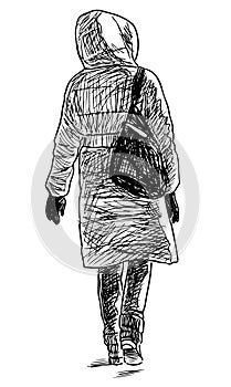 Sketch of casual city woman in hood with handbag walking outdoors alone