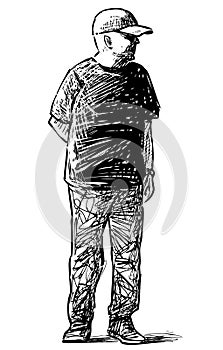 Sketch of casual elderly townsman standing and looking
