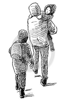 Sketch of casual towns man with two children walking outdoors