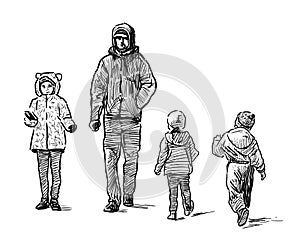 Sketch of casual townsman with children walking outdoors