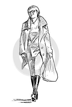 Sketch of casual townswoman in eyeglasses walking with purchases along street