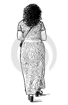 Freehand drawing of casual townswoman in long dress walking outdoors photo