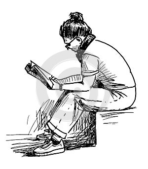 Sketch of casual young city woman sitting in park and reading book outdoors