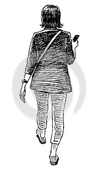 Sketch of casual young city woman with smartphone walking along street