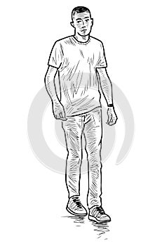 Sketch of casual young townsman walking outdoors