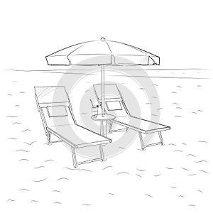 Sketch of chaise lounges and umbrella on the beach. Vector illustration.