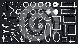 Sketch chalk elements. Sketch chalkboard elements, hand drawn graphic arrows, frames, round and rectangle shapes