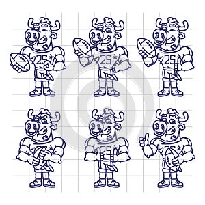 Sketch Character Set Bull Football Player Holds Rectangular Ball