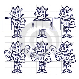 Sketch Character Set Rhino Football Player Holds Megaphone Ball