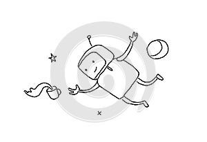 Sketch character weightlessness in outer space. The robot lost a cup of coffee zero gravity. 404 error not page. Hand photo