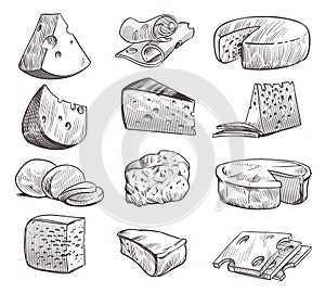 Sketch cheese. Various types of cheeses. Fresh cheddar, feta and parmesan dairy snack. Hand drawn retro vector isolated photo
