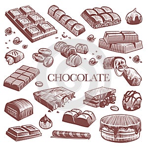 Sketch chocolate. Engraving black chocolate bars, truffle sweets and coffee beans. Vintage hand drawn isolated vector