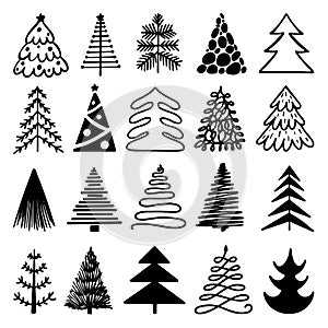 Sketch christmas tree isolated logo set. Hand drawn pencil holiday winter elements. Black fir trees draw rough