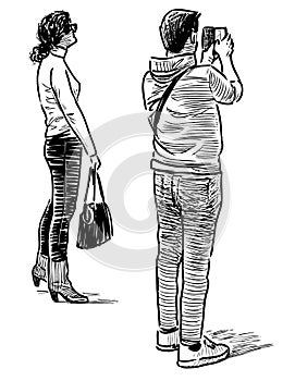 Sketch of citizens couple on excursion taking picture on smartphone