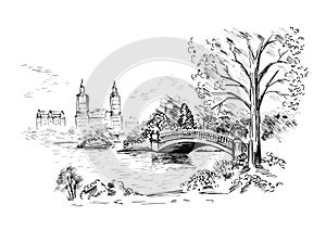 Sketch of cityscape in New York city show central park. vector illustration