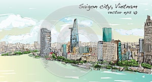 Sketch cityscape of Saigon city Ho Chi Mihn Vietnam show sky