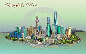 Sketch cityscape of Shanghai skyline free hand draw illustration