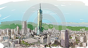 Sketch of cityscape show townscape in Taiwan, Taipei building photo