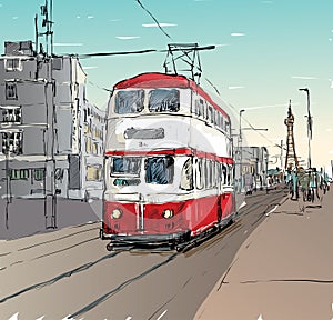 Sketch of cityscape show trasportation tradittonal tram in England, illustration vector