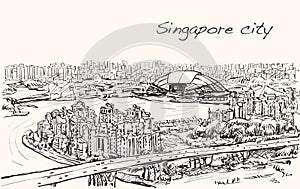 Sketch cityscape of Singapore skyline on topview Sports Hub
