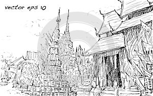 Sketch cityscape of Thai temple show asia style, illustration vector