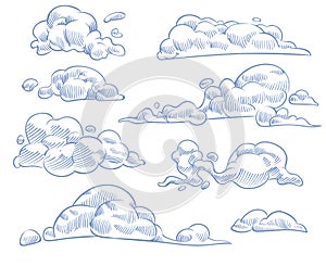 Sketch clouds. Curled cloudy sky drawing texture, nature weather outline symbols. Engraving handmade craft in vintage