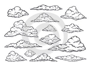 Sketch clouds. Hand drawn sky cloudscape. Outline sketching cloud vintage vector collection photo