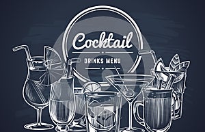 Sketch cocktail background. Hand drawn alcohol cocktails drinks bar menu, cold drinking restaurant beverages set. Vector