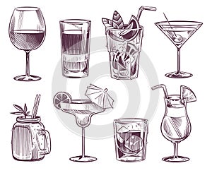 Sketch cocktails. Hand drawn cocktail and alcohol drink, different drinks in glass for party restaurant menu. Vector