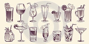 Sketch cocktails. Hand drawn different cocktail, alcohol drink in glass for party restaurant menu, cold mojito, tropical