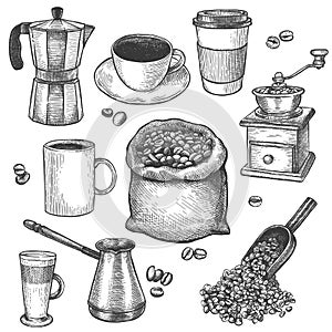Sketch coffee. Coffee mill, kettle, sack with roasted beans, cezve. Latte and espresso cup hand drawn engraved vintage vector set