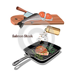 Sketch Colorful Salmon Steak Cooking Concept