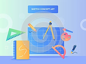 Sketch concept art concept drawing tool icon set collection book sketch ruler pain brush pencil triangle with flat style