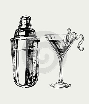 Sketch Cosmopolitan Cocktails and Shaker Vector Hand Drawn Illustration