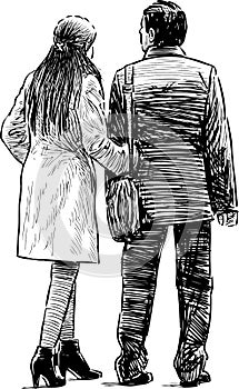 Sketch of couple casual citizens walking outdoors