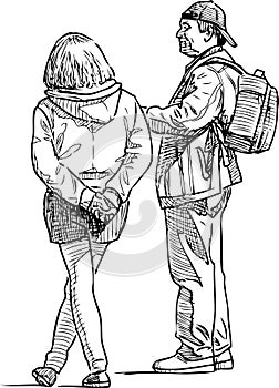 Sketch of couple of citizens standing and talking