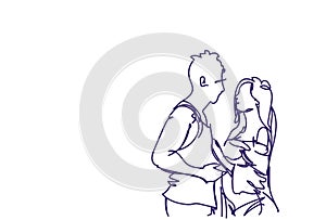 Sketch Couple Embracing, Doodle Man And Woman Hug Over White Background