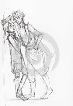 Sketch of couple near house wall on street