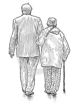 Sketch of couple old people walking together along street