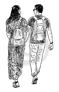 Sketch of couple young casual citizens with backpacks walking on summer day