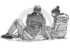 Sketch of couple young citizens resting on grass lawn in urban park