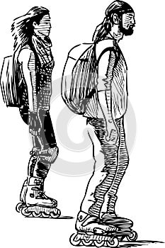 Sketch of a couple of young citizens rollerblading