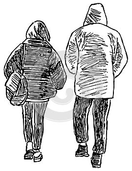 Sketch of couple young citizens walking together down street