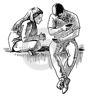 Sketch of couple young people with smartphones sitting together outdoors